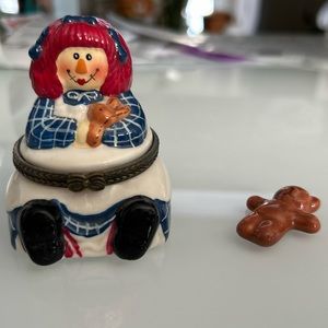 Porcelain Hinged Box vintage raggedy Ann doll with teddy bear